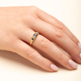 Antique 18ct Yellow Gold Five Stone 0.4ct Sapphire & 0.2ct Diamond Boat Ring