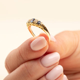 Antique 18ct Yellow Gold Five Stone 0.4ct Sapphire & 0.2ct Diamond Boat Ring