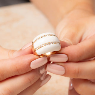 18ct Rose Gold White Enamel & Diamond Chunky Ring