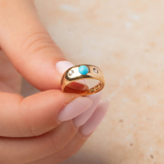 Antique 18ct Yellow Gold Cabochon Turquoise & Diamond Three Stone Ring