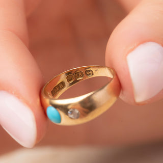 Antique 18ct Yellow Gold Cabochon Turquoise & Diamond Three Stone Ring