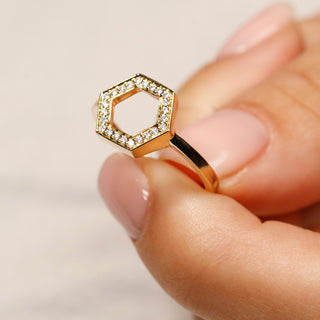 18ct Yellow Gold Diamond Honeycomb Hexagon Halo Ring