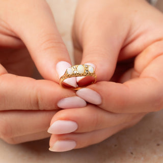 Antique 18ct Yellow Gold Opal Trilogy & Diamond Boat Ring