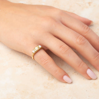 Antique 18ct Yellow Gold Opal Trilogy & Diamond Boat Ring