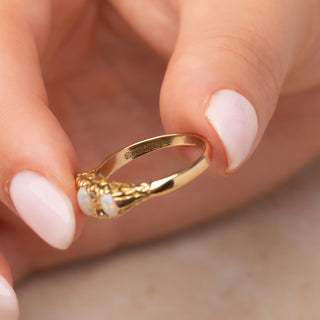 Antique 18ct Yellow Gold Opal Trilogy & Diamond Boat Ring