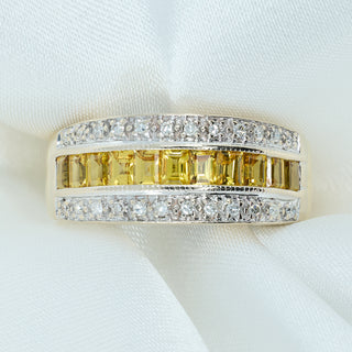 18ct Yellow & White Gold Diamond & Yellow Sapphire Band Ring – Art Deco Style – Size L ½