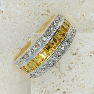 18ct Yellow & White Gold Diamond & Yellow Sapphire Band Ring – Art Deco Style – Size L ½