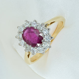 Vintage 18ct Yellow & White Gold Ruby & Diamond Cluster Ring – Old European Cut – Size L
