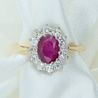 Vintage 18ct Yellow & White Gold Ruby & Diamond Cluster Ring – Old European Cut – Size L