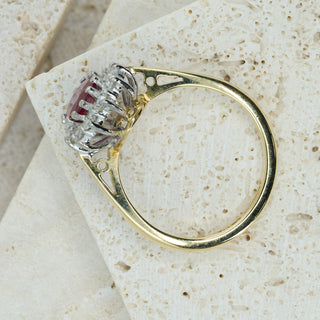 Vintage 18ct Yellow & White Gold Ruby & Diamond Cluster Ring – Old European Cut – Size L