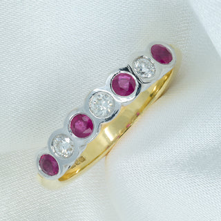 18ct Yellow & White Gold Diamond & Ruby Half Eternity Ring – 0.61ct Total – Size Q