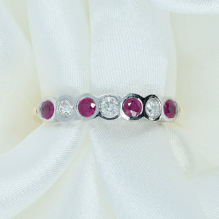 18ct Yellow & White Gold Diamond & Ruby Half Eternity Ring – 0.61ct Total – Size Q