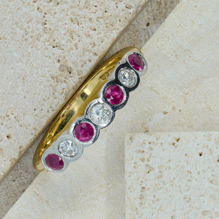18ct Yellow & White Gold Diamond & Ruby Half Eternity Ring – 0.61ct Total – Size Q
