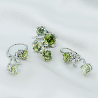 18ct White Gold Green Gemstone & Diamond Suite – Ring & Earrings Set – Bespoke