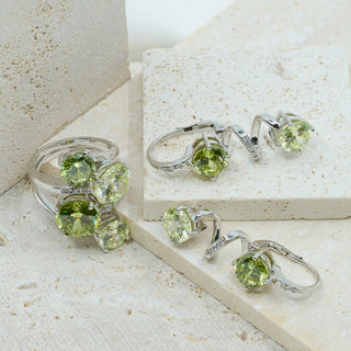 18ct White Gold Green Gemstone & Diamond Suite – Ring & Earrings Set – Bespoke