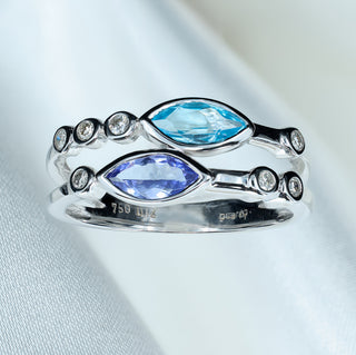 18ct White Gold Tanzanite, Topaz & Diamond Band Ring - Size N