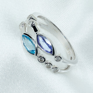 18ct White Gold Tanzanite, Topaz & Diamond Band Ring - Size N