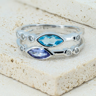 18ct White Gold Tanzanite, Topaz & Diamond Band Ring - Size N