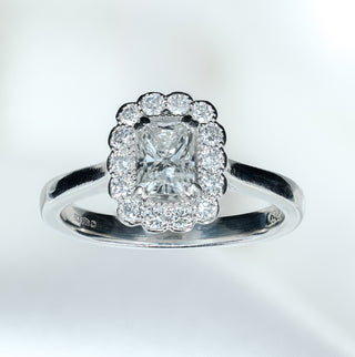 Platinum 0.65ct Radiant Cut Natural Diamond Halo Solitaire Ring - Size K