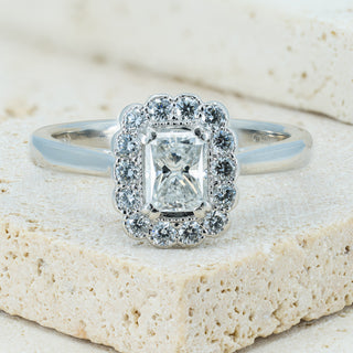 Platinum 0.65ct Radiant Cut Natural Diamond Halo Solitaire Ring - Size K