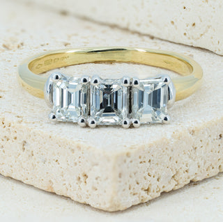 18ct Yellow Gold 1.00ct+ Emerald Cut Diamond Trilogy Ring - Size O