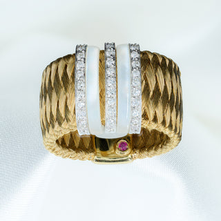 Roberto Coin 18ct Yellow Gold Diamond & Mother of Pearl Woven Band Ring - 9.5g
