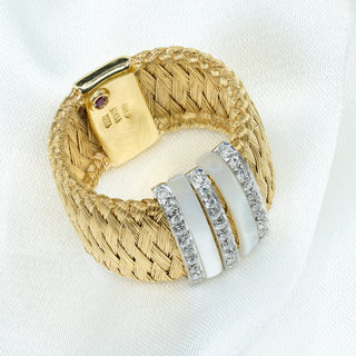 Roberto Coin 18ct Yellow Gold Diamond & Mother of Pearl Woven Band Ring - 9.5g