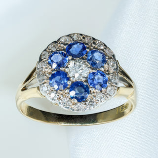 Antique 18ct Yellow Gold Sapphire & Old Cut Diamond Cluster Ring - Circa 1910s - Size M½