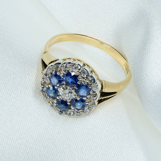 Antique 18ct Yellow Gold Sapphire & Old Cut Diamond Cluster Ring - Circa 1910s - Size M½