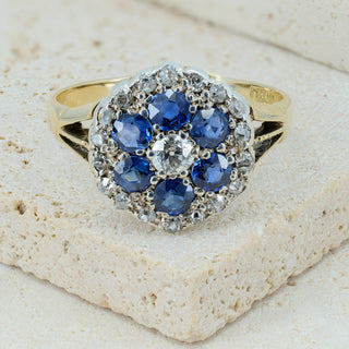 Antique 18ct Yellow Gold Sapphire & Old Cut Diamond Cluster Ring - Circa 1910s - Size M½