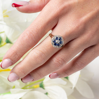 Antique 18ct Yellow Gold Sapphire & Old Cut Diamond Cluster Ring - Circa 1910s - Size M½