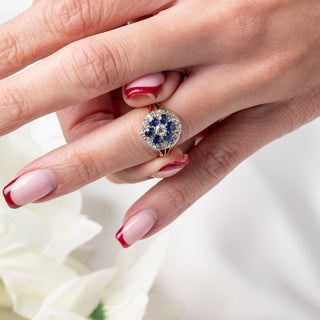Antique 18ct Yellow Gold Sapphire & Old Cut Diamond Cluster Ring - Circa 1910s - Size M½
