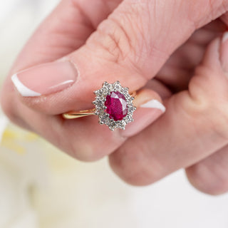 Vintage 18ct Yellow & White Gold Ruby & Diamond Cluster Ring – Old European Cut – Size L