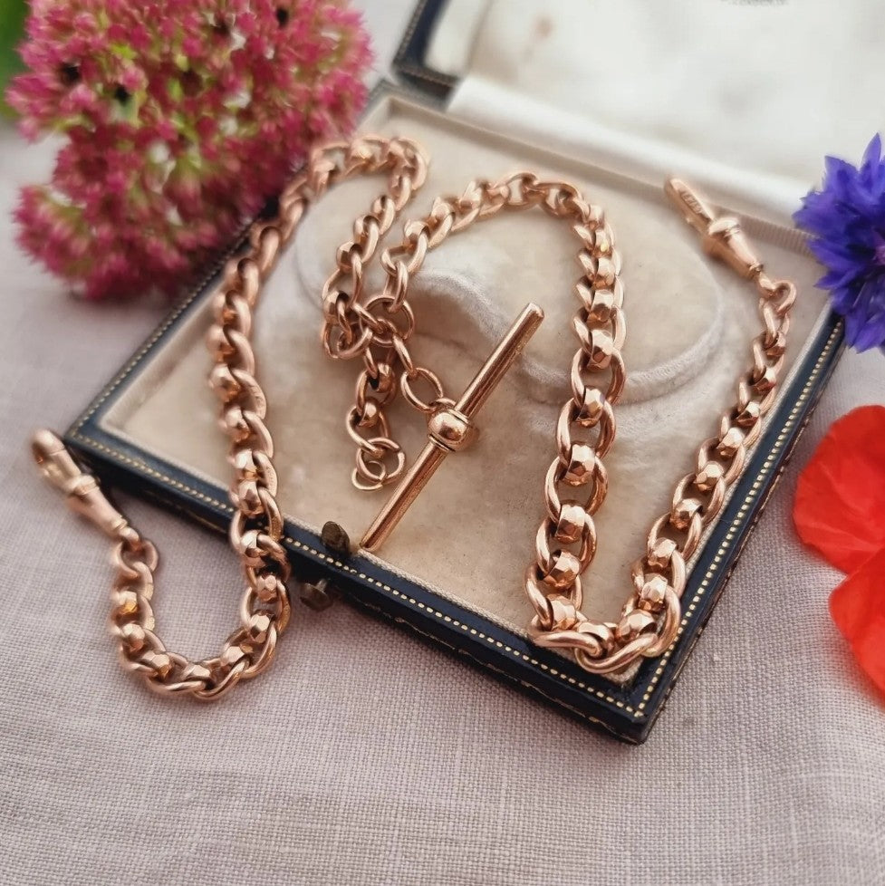 9ct Gold Albert Chain With Heart Antique Rose 9ct Rose Gold Albert