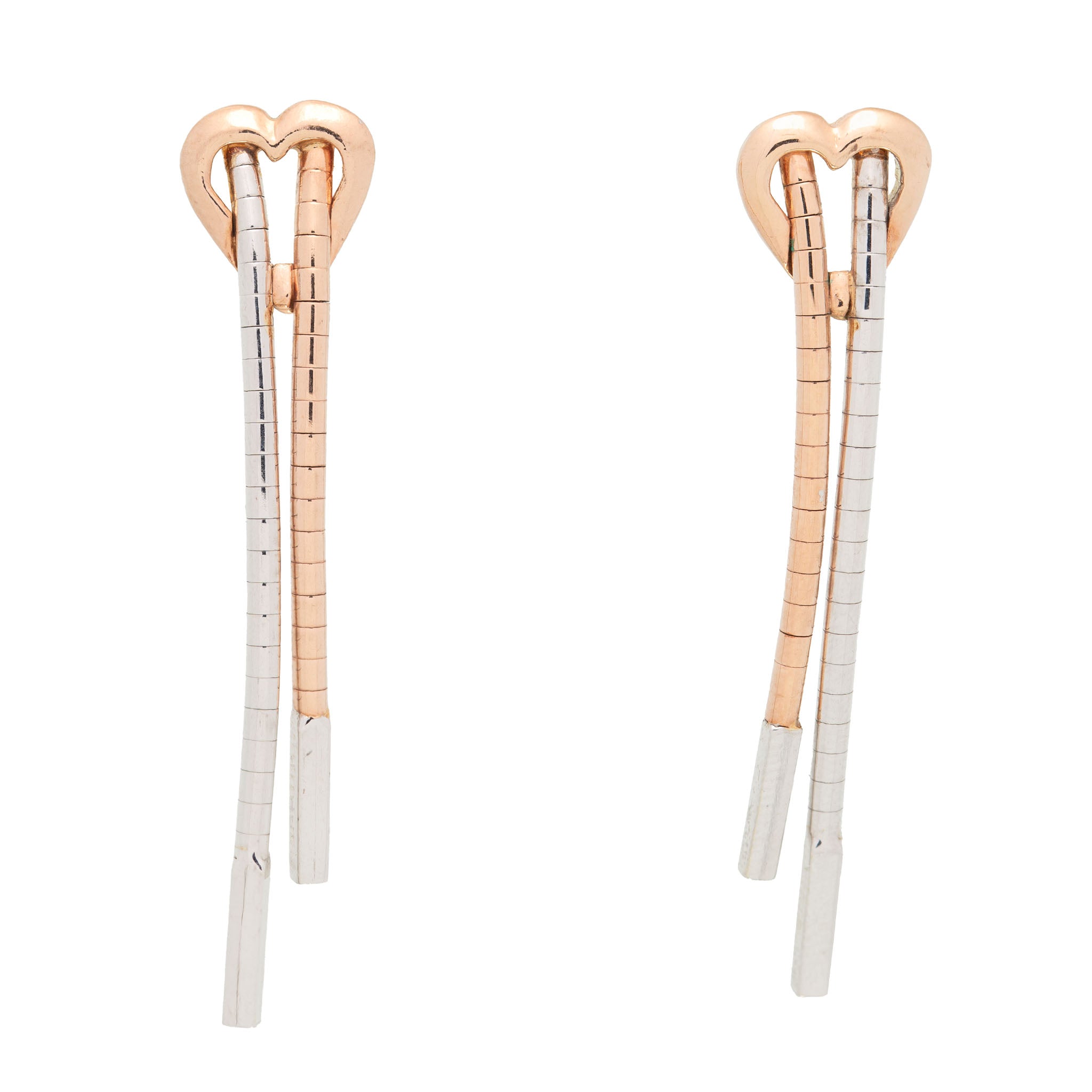 Articulated 9ct White Rose Gold Heart Tube Link Dangle Earrings