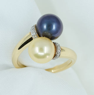 18ct Yellow Gold Tahitian & Golden Pearl Diamond Crossover Ring