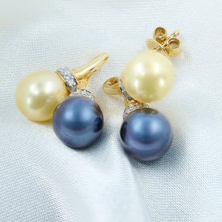 18ct Yellow Gold Tahitian & Golden Pearl Diamond Crossover Drop Earrings