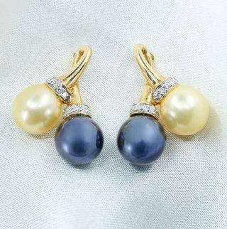 18ct Yellow Gold Tahitian & Golden Pearl Diamond Crossover Drop Earrings