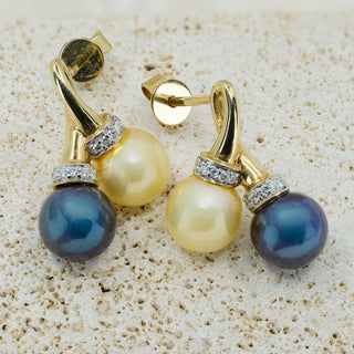 18ct Yellow Gold Tahitian & Golden Pearl Diamond Crossover Drop Earrings