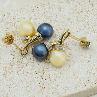 18ct Yellow Gold Tahitian & Golden Pearl Diamond Crossover Drop Earrings