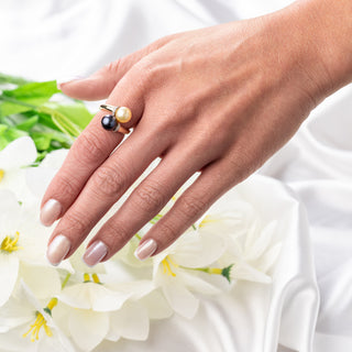 18ct Yellow Gold Tahitian & Golden Pearl Diamond Crossover Ring