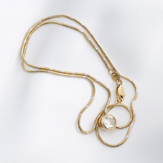 18ct Yellow Gold 0.75ct Old Cut Diamond Rub Over Pendant Two Tone Snake Chain Necklace