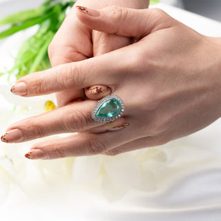 Platinum 7.28ct Zambian Pear Cut Emerald & Diamond Halo Cocktail Ring
