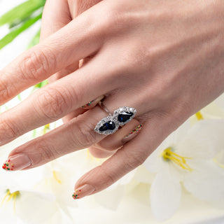 18ct White Gold VS Diamond & 3.5ct Natural Sapphire Pear Cut Toi et Moi Twist Halo Ring