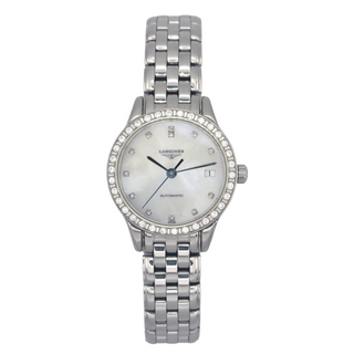 Ladies Longines Flagship Wristwatch L4.274.0.87.6 Stainless Steel Mother of Pearl Dial VS Diamond Bezel