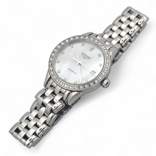 Ladies Longines Flagship Wristwatch L4.274.0.87.6 Stainless Steel Mother of Pearl Dial VS Diamond Bezel