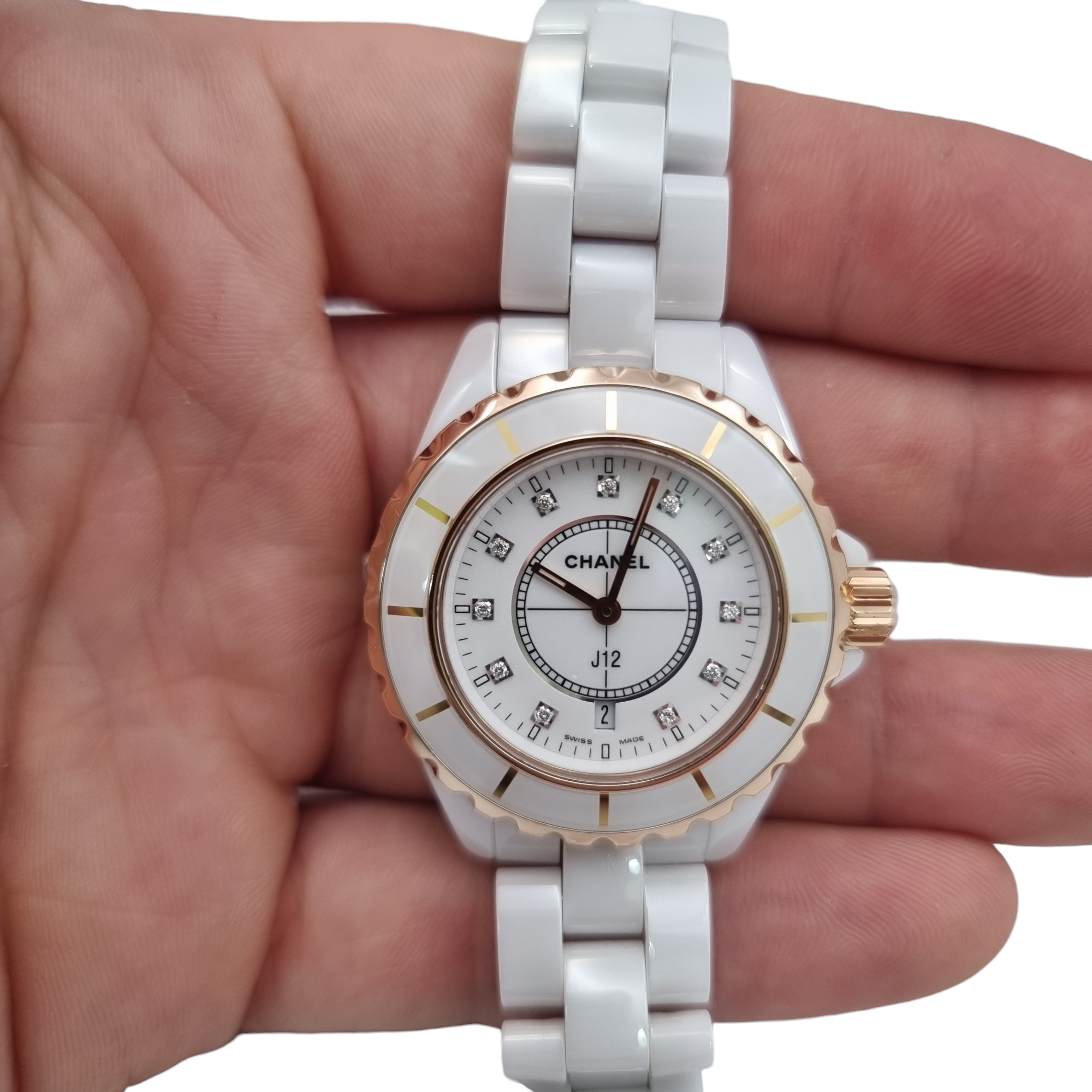 Chanel J12 18ct Gold Diamond Dial Ceramic Watch White Full Set