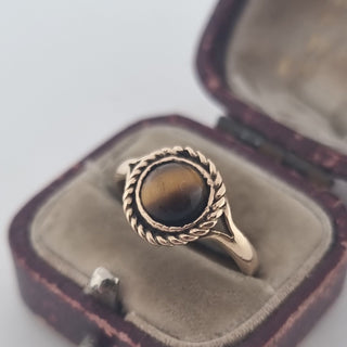 Antique 9ct Yellow Gold Handmade Tigers Eye Cabochon Pinky Ring