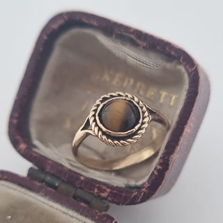 Antique 9ct Yellow Gold Handmade Tigers Eye Cabochon Pinky Ring