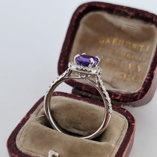 950 Platinum 1.75ct Oval Cut Amethyst 0.5ct Diamond Halo Solitaire Ring